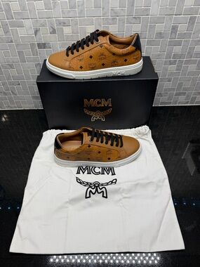 MCM Visetos Low Top Sneakers Cognac Leather Logo Lace Up Shoes EU 35 US 5 New